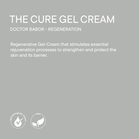 Text description of The Cure Gel Cream | Babor highlighting its regenerative gel-cream formula designed to stimulate skin rejuvenation and strengthen the skin barrier, with dermatologically tested and vegan icons.