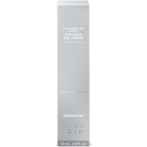 Vertical silver and white packaging for The Cure Gel Cream | Babor featuring 15% Biogen Plant Extract for regenerating and refining skin in a 50 ml bottle.