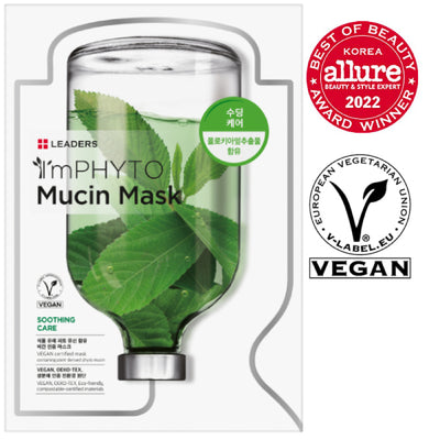 ImPHYTO Mucin | Leaders soothing mask packaging featuring green leaves in a clear liquid, highlighting vegan skincare and award-winning beauty product qualities.