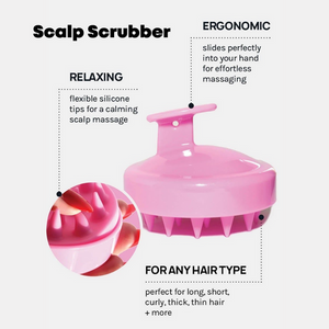 Pink scalp scrubber with flexible silicone tips, ergonomic handle for easy gripping, designed for relaxing scalp massage suitable for all hair types, Scalp Scrubber [Revitalizing Scalp Massager] | Dreambox Beauty.