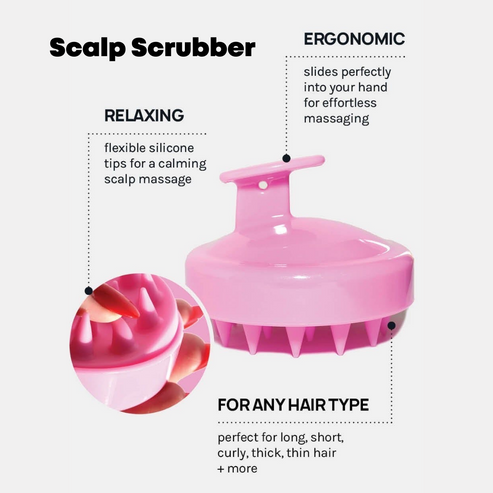 Pink scalp scrubber with flexible silicone tips, ergonomic handle for easy gripping, designed for relaxing scalp massage suitable for all hair types, Scalp Scrubber [Revitalizing Scalp Massager] | Dreambox Beauty.