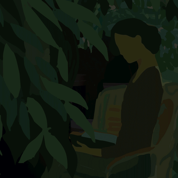 Woman sitting peacefully amid lush green plants, practicing mindfulness and relaxation, representing wellness and calm with Kit Secret Garden | [ comfort zone ] skincare.