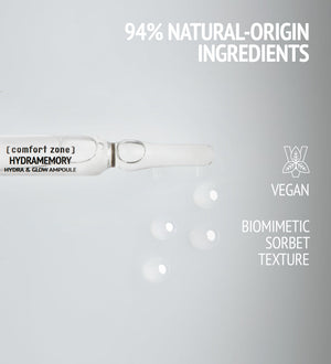 Hydramemory Hydra & Glow Ampoules | [ comfort zone ] with 94% natural-origin ingredients, featuring a vegan formula and biomimetic sorbet texture for skincare.