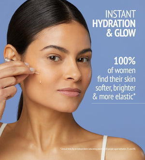 Woman applying Hydramemory Hydra & Glow Ampoules | [ comfort zone ] serum to her cheek, promoting instant hydration, softer, brighter, and more elastic skin.