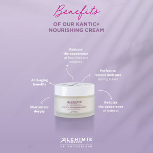 Jar of Kantic® + Nourishing Cream | Alchimie Forever on a lavender background with text highlighting benefits like anti-aging, deep moisturizing, reducing redness and fine lines, and travel moisture restoration.