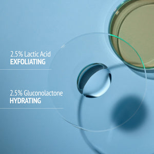 Clear liquid drop on a transparent dish next to an open jar on a blue surface showing exfoliating and hydrating ingredients, highlighting Sublime Skin Micropeel Lotion | [ comfort zone ] skincare benefits.