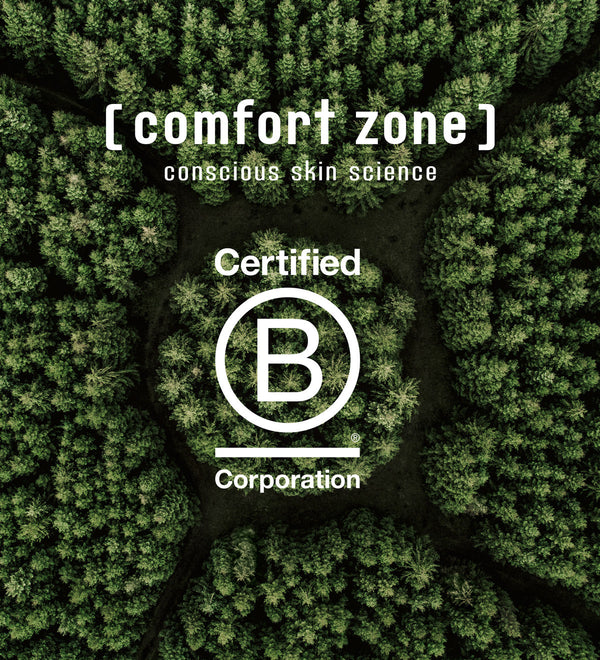 Logo of [ comfort zone ] conscious skin science and Certified B Corporation symbol over aerial view of lush green forest promoting Hydramemory Rich Sorbet Cream | [ comfort zone ] skincare and wellness.
