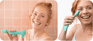 Woman using a mint green Face Roller | RAD on her face in a skincare routine, smiling with a tiled wall background.