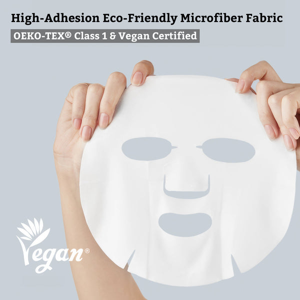 Hands holding a white face mask made of high-adhesion eco-friendly microfiber fabric with cutouts for eyes, nose, and mouth, featuring the Calming Biotics Essential Mask | Leaders text visible above.