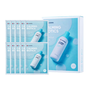 Set of ten Calming Biotics Essential Mask | Leaders facial mask packets with a blue and white packaging design, promoting skincare and soothing hydration.
