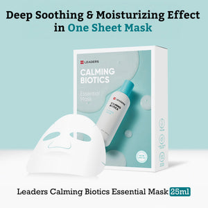 Box of Calming Biotics Essential Mask | Leaders with a white sheet mask displayed in front, highlighting deep soothing and moisturizing skincare benefits.