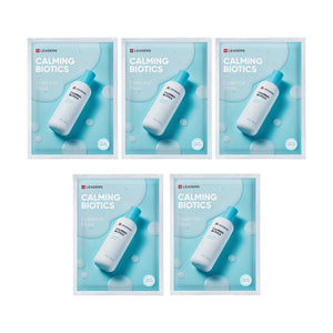 Five individually packaged Calming Biotics Essential Mask | Leaders with light blue and white packaging featuring a white bottle with a blue cap and bubbles in the background.