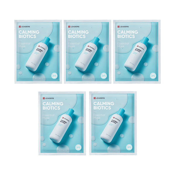 Five individually packaged Calming Biotics Essential Mask | Leaders with light blue and white packaging featuring a white bottle with a blue cap and bubbles in the background.