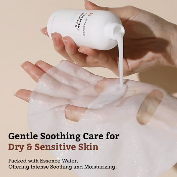 Close-up of hands applying a white liquid mask onto a sheet mask with text highlighting gentle soothing care for dry and sensitive skin featuring Calming Biotics Essential Mask | Leaders skincare product.