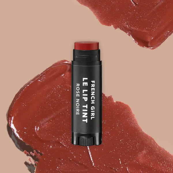 Le Lip Tint | French Girl lip tint in a deep rose color with creamy texture swatched on a neutral background, showcasing smooth, rich pigmentation for skincare and beauty.