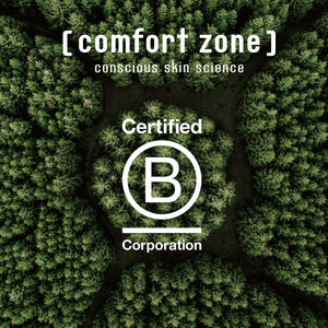 Aerial view of a dense green forest with clearings forming a geometric pattern, overlaid with text showing the Certified B Corporation logo and the phrase Exotic Garden Kit | [ comfort zone ].