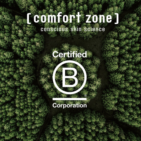 Aerial view of a dense green forest with clearings forming a geometric pattern, overlaid with text showing the Certified B Corporation logo and the phrase Exotic Garden Kit | [ comfort zone ].