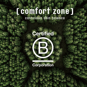 Aerial view of a dense green forest with the text "[ comfort zone ] conscious skin science Certified B Corporation" overlaid, promoting sustainable skincare including Active Pureness Toner | [ comfort zone ].