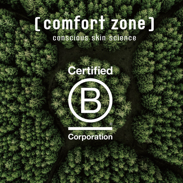 Aerial view of a dense green forest with the text "[ comfort zone ] conscious skin science Certified B Corporation" overlaid, promoting sustainable skincare including Active Pureness Toner | [ comfort zone ].