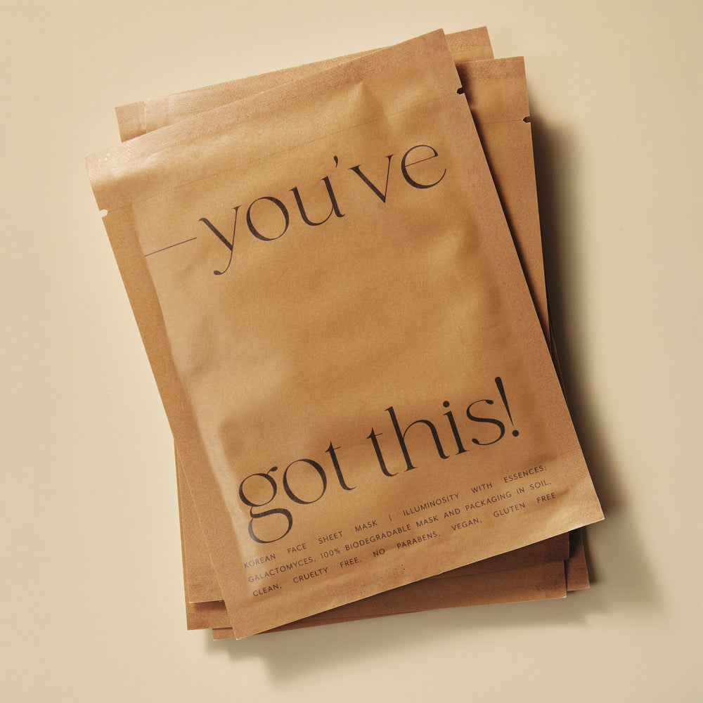 Korean Sheet Mask - You've Got This | Lucky Owl in minimalist brown biodegradable packaging with motivational text, promoting brightening, vegan, and cruelty-free skincare.