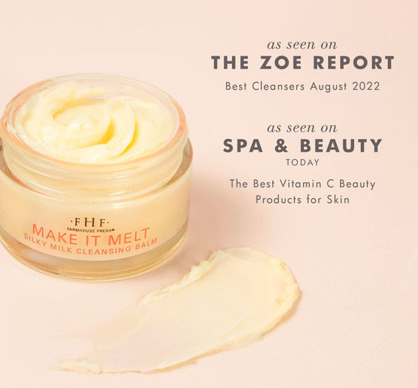 Open jar of Make it Melt Silky Milk Cleansing Balm | Farmhouse Fresh with creamy balm swatched beside it and text highlighting beauty report features.