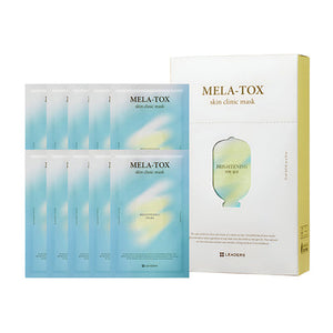 Set of ten Leaders Skin Clinic Mask Mela-Tox | Leaders brightening skincare masks in light blue packets displayed next to a cream and gold decorative box packaging.