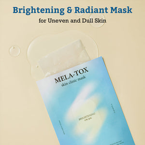 Package of Leaders Skin Clinic Mask Mela-Tox with clear serum drops on a beige background, highlighting its brightening and radiant effects for uneven and dull skin.