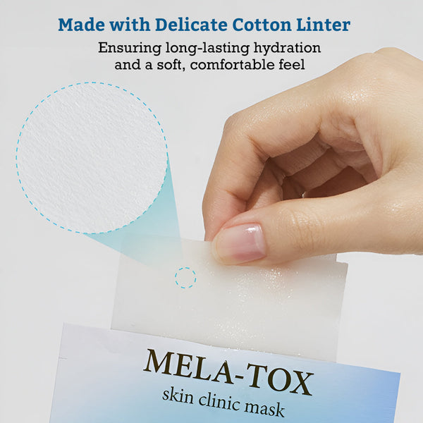 Hand holding a delicate cotton linter sheet from Leaders Skin Clinic Mask Mela-Tox | Leaders, highlighting its soft, comfortable texture for long-lasting hydration in skincare.