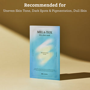 Leaders Skin Clinic Mask Mela-Tox | Leaders in blue packaging for skincare targeting uneven skin tone, dark spots, pigmentation, and dull skin, promoting brightening effects.