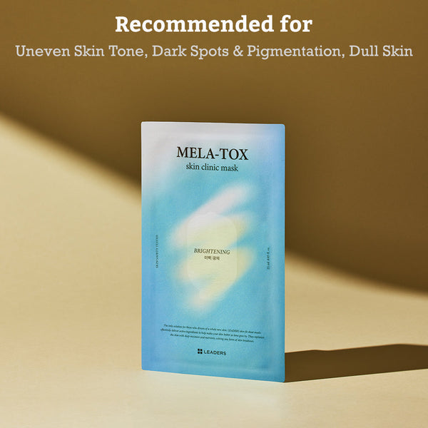Leaders Skin Clinic Mask Mela-Tox | Leaders in blue packaging for skincare targeting uneven skin tone, dark spots, pigmentation, and dull skin, promoting brightening effects.