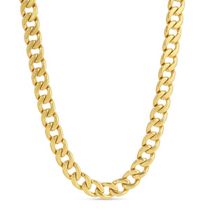 Close-up of a polished gold chain necklace with thick, interlocking links, showcasing the elegant and bold style of the Minx Chain Necklace | Meghan Bo.