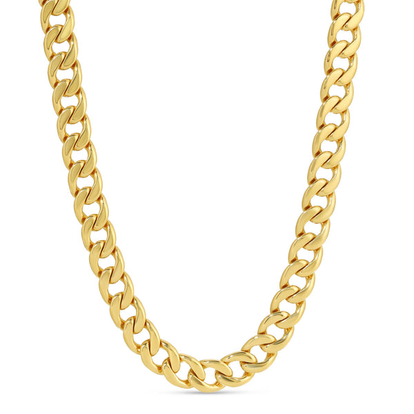 Close-up of a polished gold chain necklace with thick, interlocking links, showcasing the elegant and bold style of the Minx Chain Necklace | Meghan Bo.