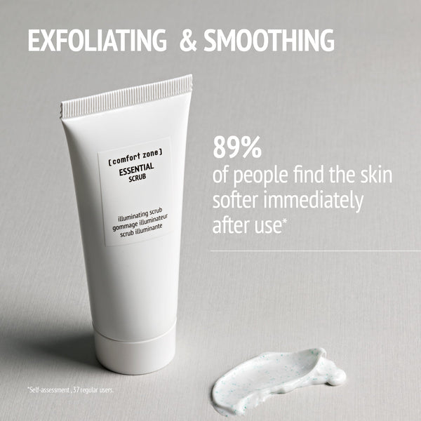 Tube of Essential Scrub | [ comfort zone ] displayed next to a small amount of textured exfoliating scrub cream on a neutral background, highlighting its exfoliating and smoothing benefits.