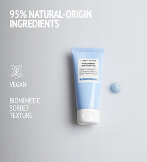 Hydramemory Hydra Plump Mask | [ comfort zone ] tube in light blue with a small dollop of product, highlighting vegan, natural-origin ingredients and biomimetic sorbet texture for skincare.