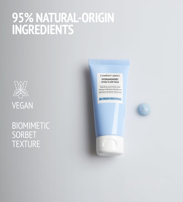 Hydramemory Hydra Plump Mask | [ comfort zone ] tube in light blue with a small dollop of product, highlighting vegan, natural-origin ingredients and biomimetic sorbet texture for skincare.