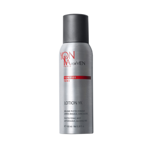 Bottle of Men’s Lotion YK - Phyto-Tonic Aftershave I Yon-Ka Paris in silver packaging with black cap, designed for skincare and aftershave care.