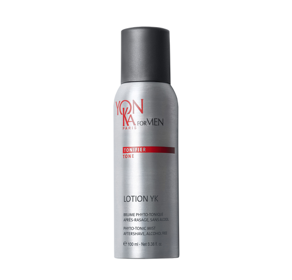 Bottle of Men’s Lotion YK - Phyto-Tonic Aftershave I Yon-Ka Paris in silver packaging with black cap, designed for skincare and aftershave care.