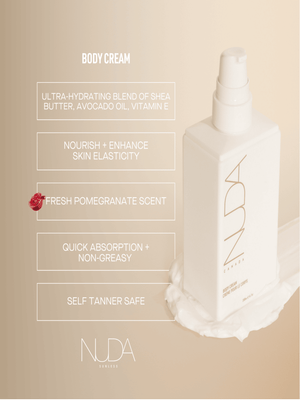 Bottle of Body Cream | NUDA on a beige background with descriptive text highlighting hydrating shea butter, avocado oil, vitamin E, skin elasticity, pomegranate scent, quick absorption, and self tanner safety.