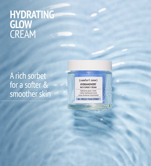 Jar of Hydramemory Rich Sorbet Cream | [ comfort zone ] shown on rippled water surface with text highlighting hydration and soft, smooth skin benefits.