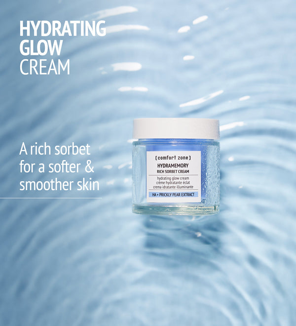 Jar of Hydramemory Rich Sorbet Cream | [ comfort zone ] shown on rippled water surface with text highlighting hydration and soft, smooth skin benefits.