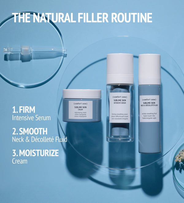 Sublime Skin Micropeel Lotion | [ comfort zone ] displayed with complementary skincare products including intensive serum, neck & décolleté fluid, and cream on a light blue background promoting a natural filler routine.