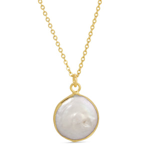 Pearl Necklace | Meghan Bo featuring a delicate gold chain with a single round white pearl pendant framed in gold, exuding simple elegance and modern charm.