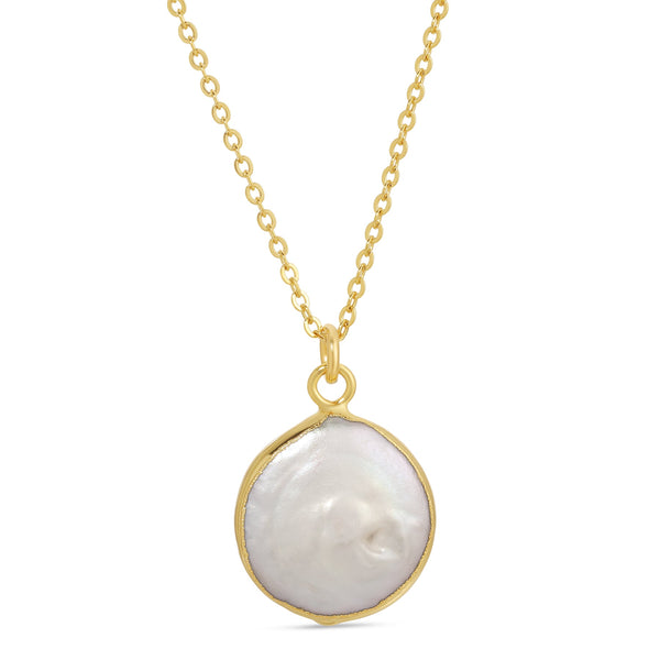 Pearl Necklace | Meghan Bo featuring a delicate gold chain with a single round white pearl pendant framed in gold, exuding simple elegance and modern charm.