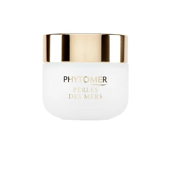 Jar of Perles Des Mers Longevity Cream | Phytomer with a white body and shiny gold lid, showcasing skincare and body care luxury product packaging.