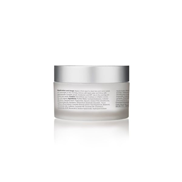 Back view of the Daily Dose of Water™ Hyaluronic Acid Overnight Mask | ClarityRx jar showing product usage instructions and ingredient details for skincare.