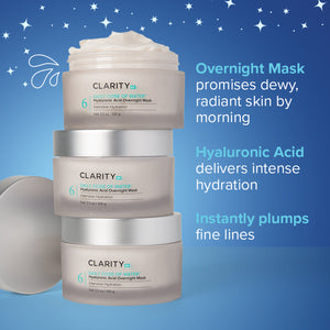 Daily Dose of Water™ Hyaluronic Acid Overnight Mask | ClarityRx jar stacked with a creamy texture visible, highlighting skincare benefits of intense hydration, plumping, and radiant morning skin.