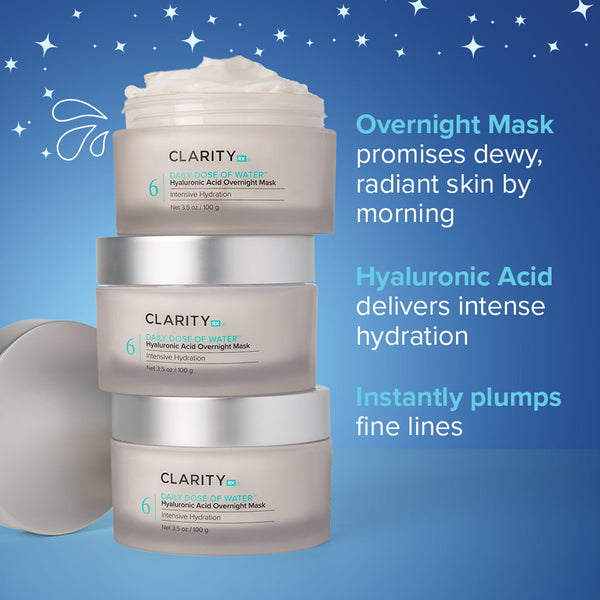 Daily Dose of Water™ Hyaluronic Acid Overnight Mask | ClarityRx jar stacked with a creamy texture visible, highlighting skincare benefits of intense hydration, plumping, and radiant morning skin.