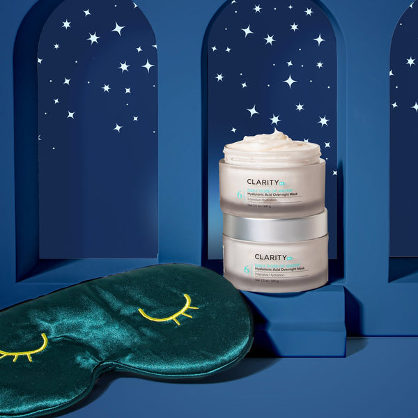 Daily Dose of Water™ Hyaluronic Acid Overnight Mask | ClarityRx in a cream jar with a velvet sleep mask, set against a starry night blue backdrop highlighting skincare and nighttime wellness.