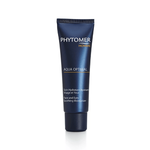 A sleek dark blue tube of Aqua Optimal Face and Eyes Soothing Moisturizer | Phytomer designed for skincare, focused on soothing and hydrating face and eye areas.