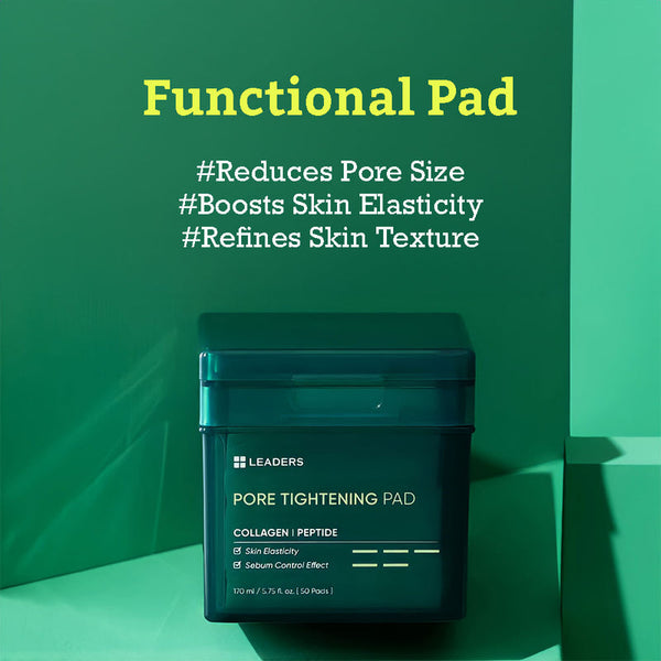 Dark green container of Pore Tightening Pad | Leaders skincare product displayed against a green background with text highlighting benefits like reducing pore size, boosting skin elasticity, and refining skin texture.